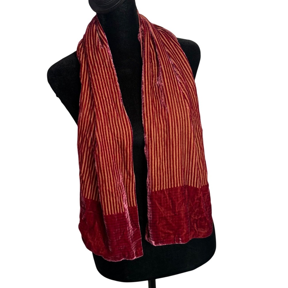 Elaine Gold Burnout Crushed Velvet Scarf Silk Blend Striped Whimsigoth 49" NEW